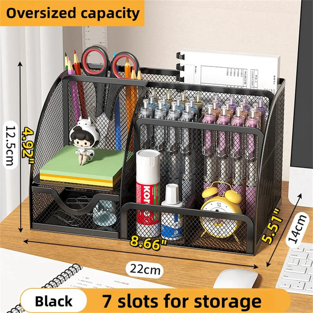 🖊️ Organiseur de Bureau Créatif en Métal – Rangement Stylos, Crayons, Fichiers & Accessoires (7 Compartiments) ✨