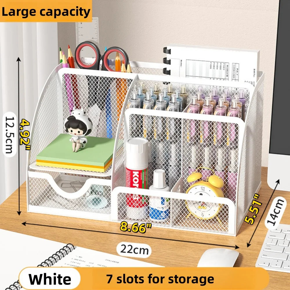 🖊️ Organiseur de Bureau Créatif en Métal – Rangement Stylos, Crayons, Fichiers & Accessoires (7 Compartiments) ✨