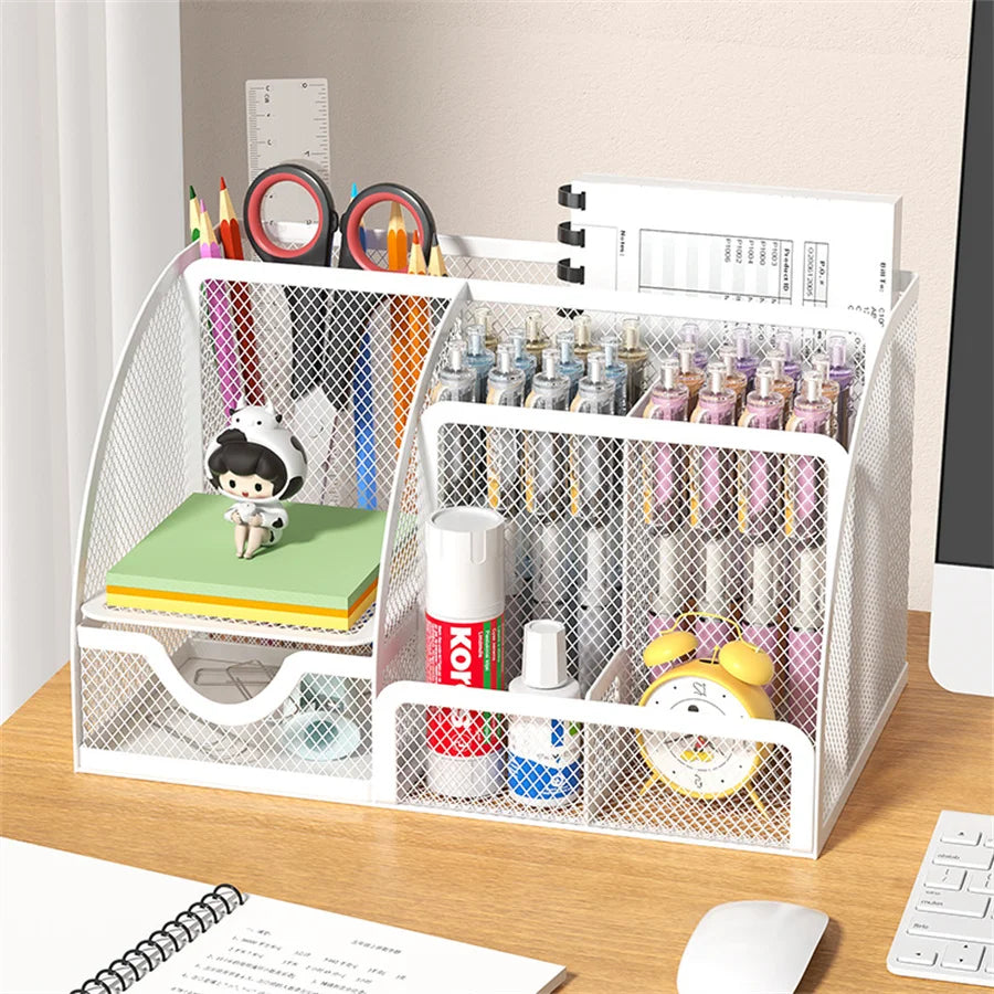 🖊️ Organiseur de Bureau Créatif en Métal – Rangement Stylos, Crayons, Fichiers & Accessoires (7 Compartiments) ✨