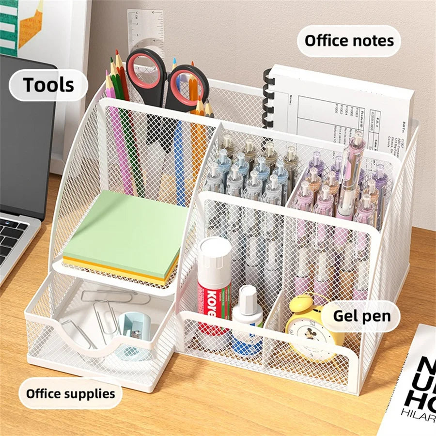 🖊️ Organiseur de Bureau Créatif en Métal – Rangement Stylos, Crayons, Fichiers & Accessoires (7 Compartiments) ✨