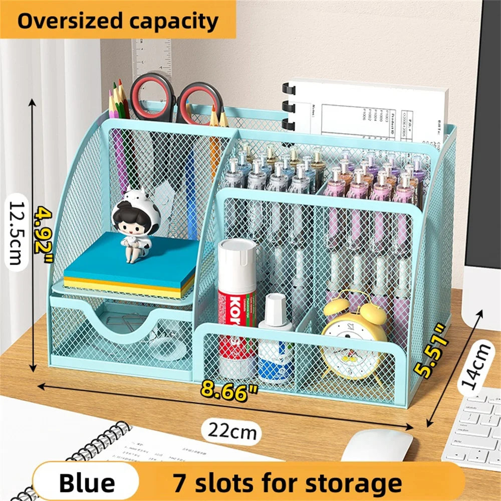 🖊️ Organiseur de Bureau Créatif en Métal – Rangement Stylos, Crayons, Fichiers & Accessoires (7 Compartiments) ✨