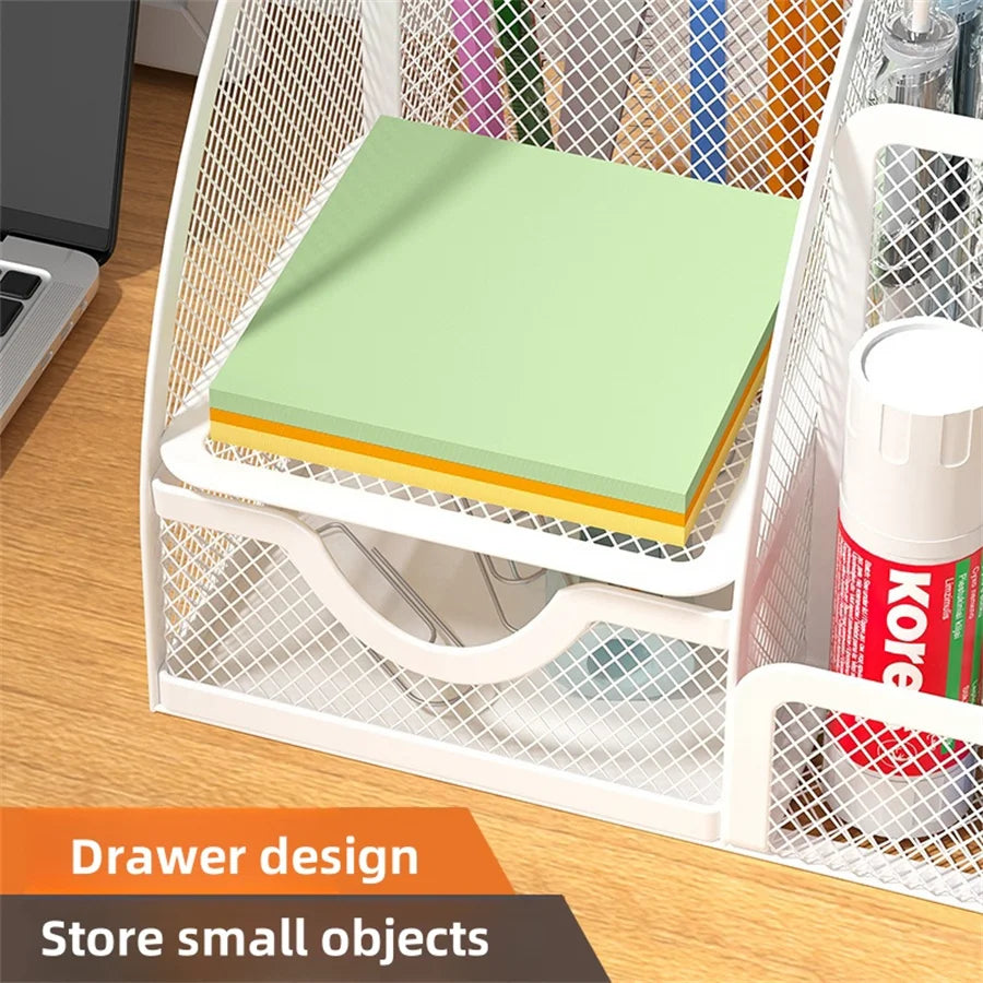 🖊️ Organiseur de Bureau Créatif en Métal – Rangement Stylos, Crayons, Fichiers & Accessoires (7 Compartiments) ✨