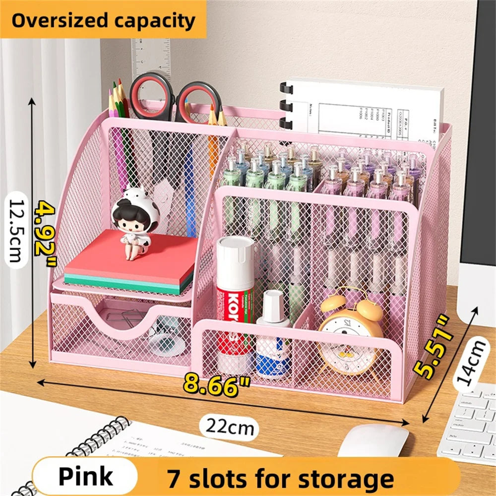 🖊️ Organiseur de Bureau Créatif en Métal – Rangement Stylos, Crayons, Fichiers & Accessoires (7 Compartiments) ✨
