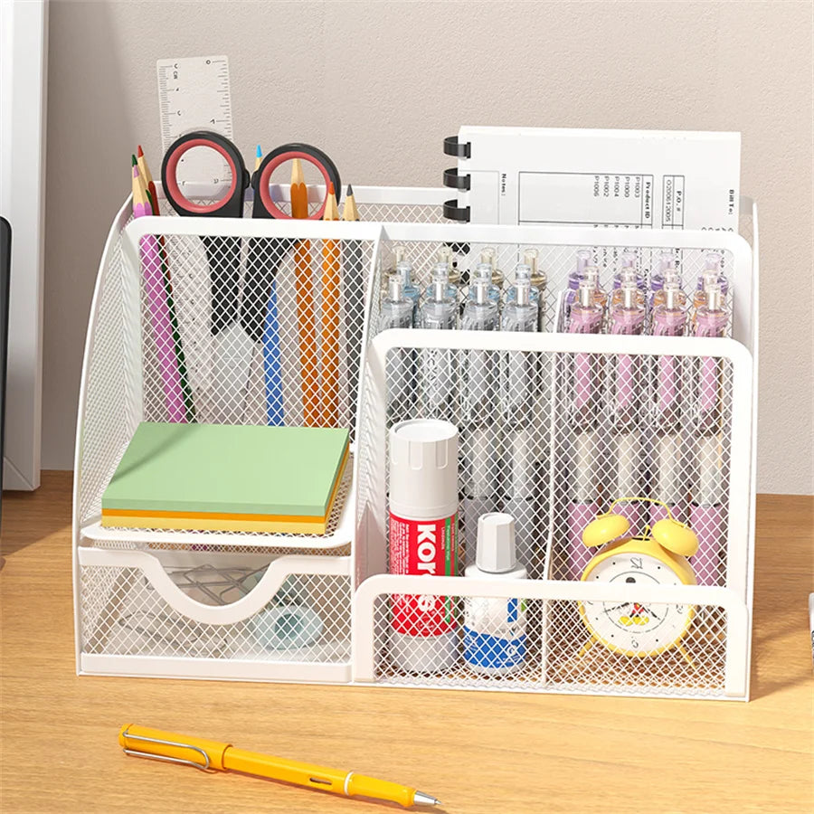 🖊️ Organiseur de Bureau Créatif en Métal – Rangement Stylos, Crayons, Fichiers & Accessoires (7 Compartiments) ✨